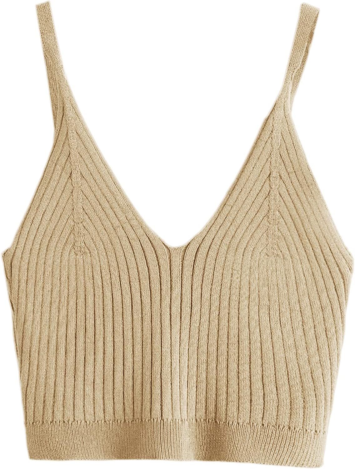 SweatyRocks Women's V Neck Crop Cami Top Ribbed Knit Spaghetti Strap Sleeveless Vest | Amazon (US)