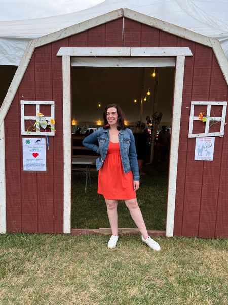 County fair outfit - Midi dress (size small). Jean jacket (size 4). Sneakers (8.5). #mididress #dress #dresses #jeanjacket #denimjacket #sneakers #summerdress #dress #dresses 

#LTKstyletip #LTKunder100 #LTKFind