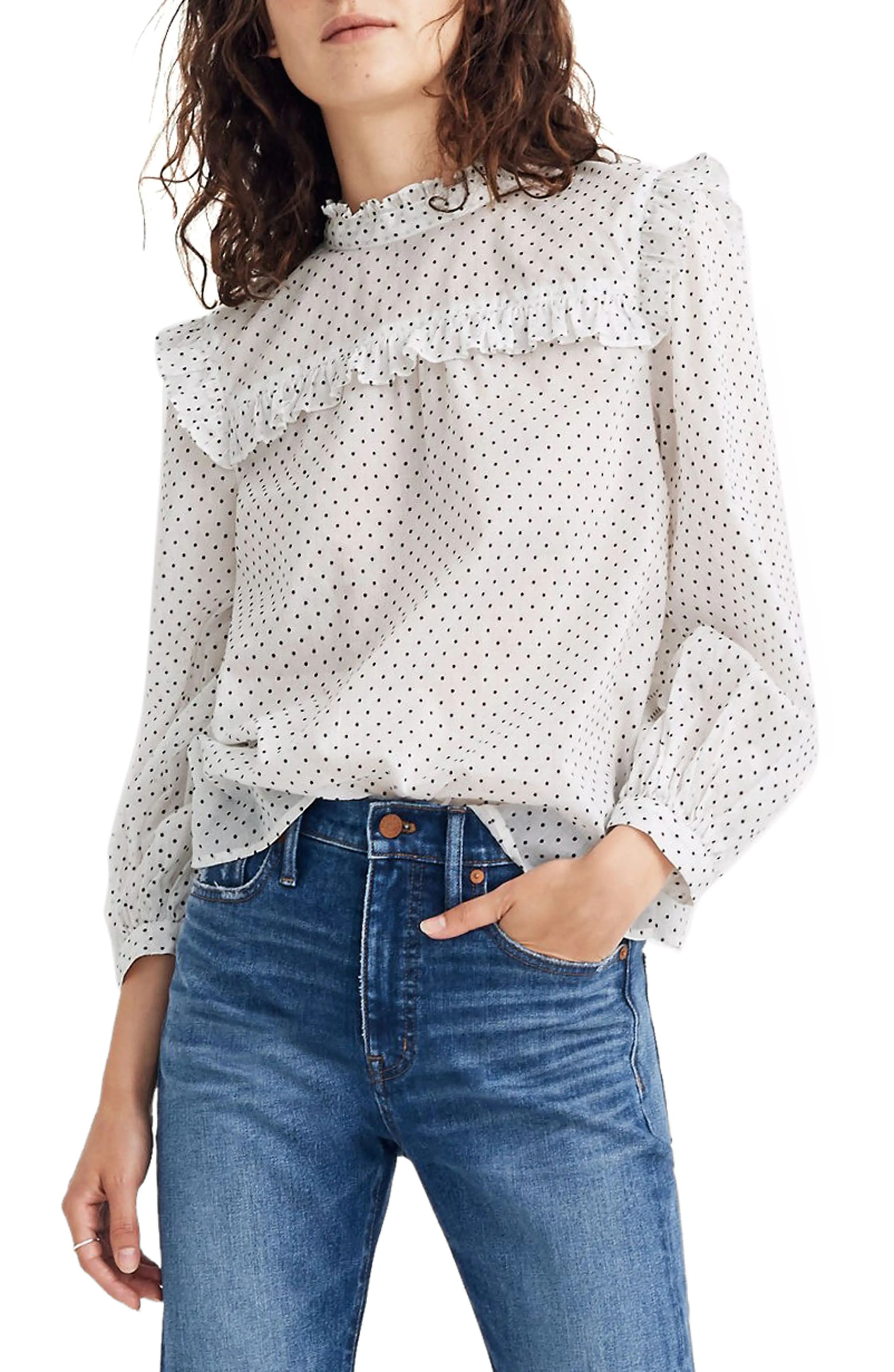 Mock Neck Ruffle Top in Flocked Dots | Nordstrom