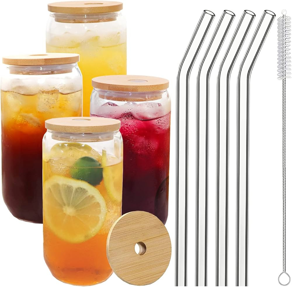 Drinking Glass Cups with Bamboo Lids and Straws 4pcs Set, Can Shaped Glass Cups with Cleaning Bru... | Amazon (US)