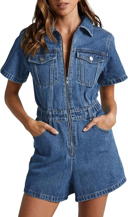 PLNOTME Womens Summer Denim Romper Short Sleeve Zip Up Utility Pockets Jean Jumpsuit Shorts | Amazon (US)