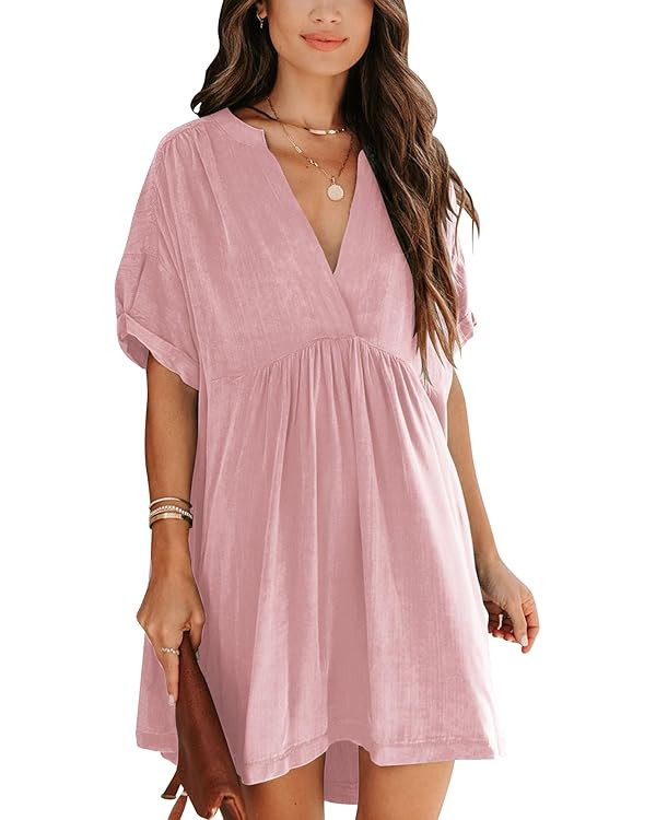 Minclouse Women's Babydoll Short Sleeve Tunic Dress V Neck Cute Casual Loose Dresses | Amazon (US)