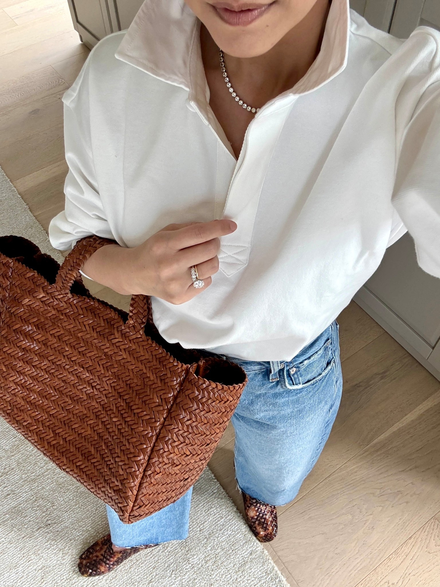 Spring outfit ideas. Love how a rugby shirt elevates a simple outfit. 

@Tuckernuck  polo small - thick 
Cotizens of humanity Ayla jeans 24 - size down 
Steve Madden Jelly flats 5 - run a little roomy. 
Marea tote - sold out, linked similar. 
Quince earrings
Celine sunglasses 
Dorsey James necklace 15”

Petite style, spring outfits 2026, 

#LTKootd #LTKPetite #LTKmomlife