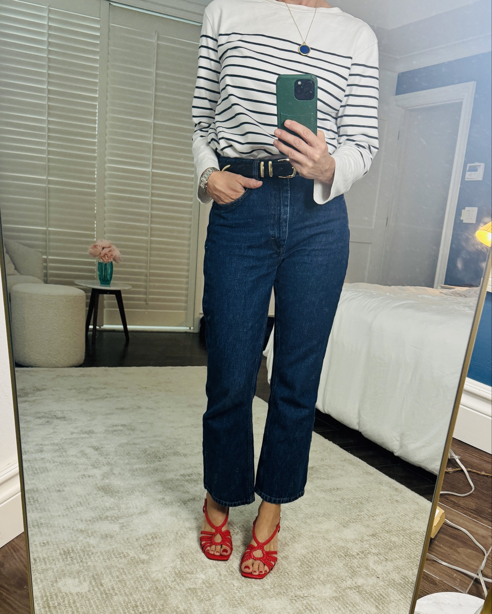 This is your sign to buy the red shoes… adding a pop of red to your look is a quick way to update for summer. There are so many great options I have linked a few here. Shoes by J. crew, Jeans by sezane, belt from Favorite Daughter, top by & other stories. Also can we appreciate the amazing green shoe box and cute card from J. Crew - they have really upped their game lately from branding to campaign imagery, and of course the designs! Loving the new direction from one of the few great American ‘heritage high street’ brands that I grew up with.

#LTKOver40 #LTKSeasonal #LTKStyleTip