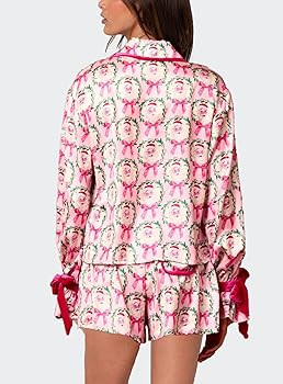 Women Holiday Party Pajamas Cute Satin Silk PJs 2 Piece Outfits Long Sleeve Button Down Shirt Lou... | Amazon (US)