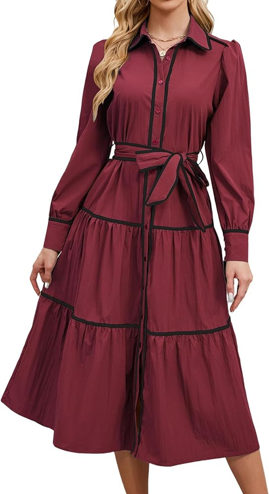 CCTOO Women Long Sleeve Dress: Fall V Neck Button Down Belted A Line Tiered Flowy Ruffle Maxi Shi... | Amazon (US)