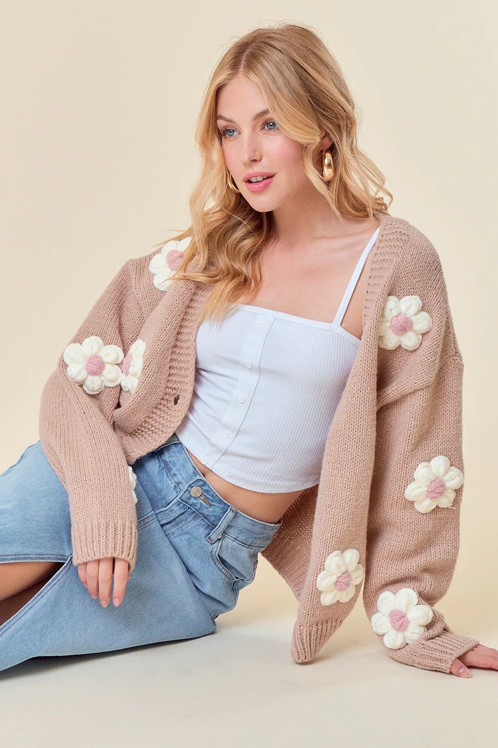 Taupe Floral Knit Button Front Cardigan | PinkBlush Maternity