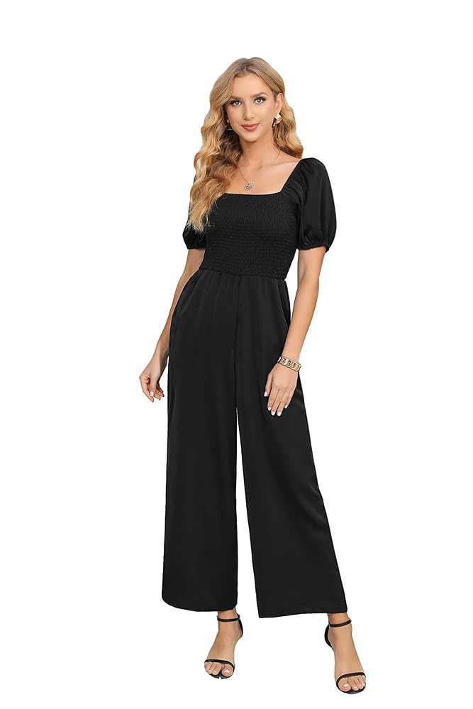 Love Welove Fashion Jumpsuits for Women Dressy Short Sleeve Smocked High Waist Wide Leg Pants Loo... | Amazon (US)