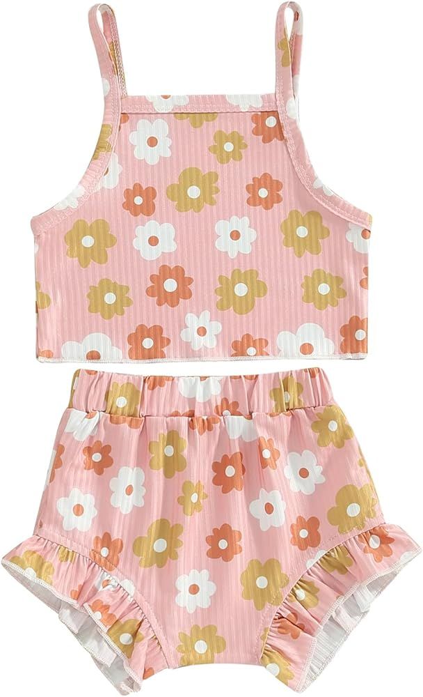 Newborn Baby Girl Summer Clothes Flower Sleeveless Cami Tank Tops Elastic Waist Shorts Cute 2Pcs ... | Amazon (US)