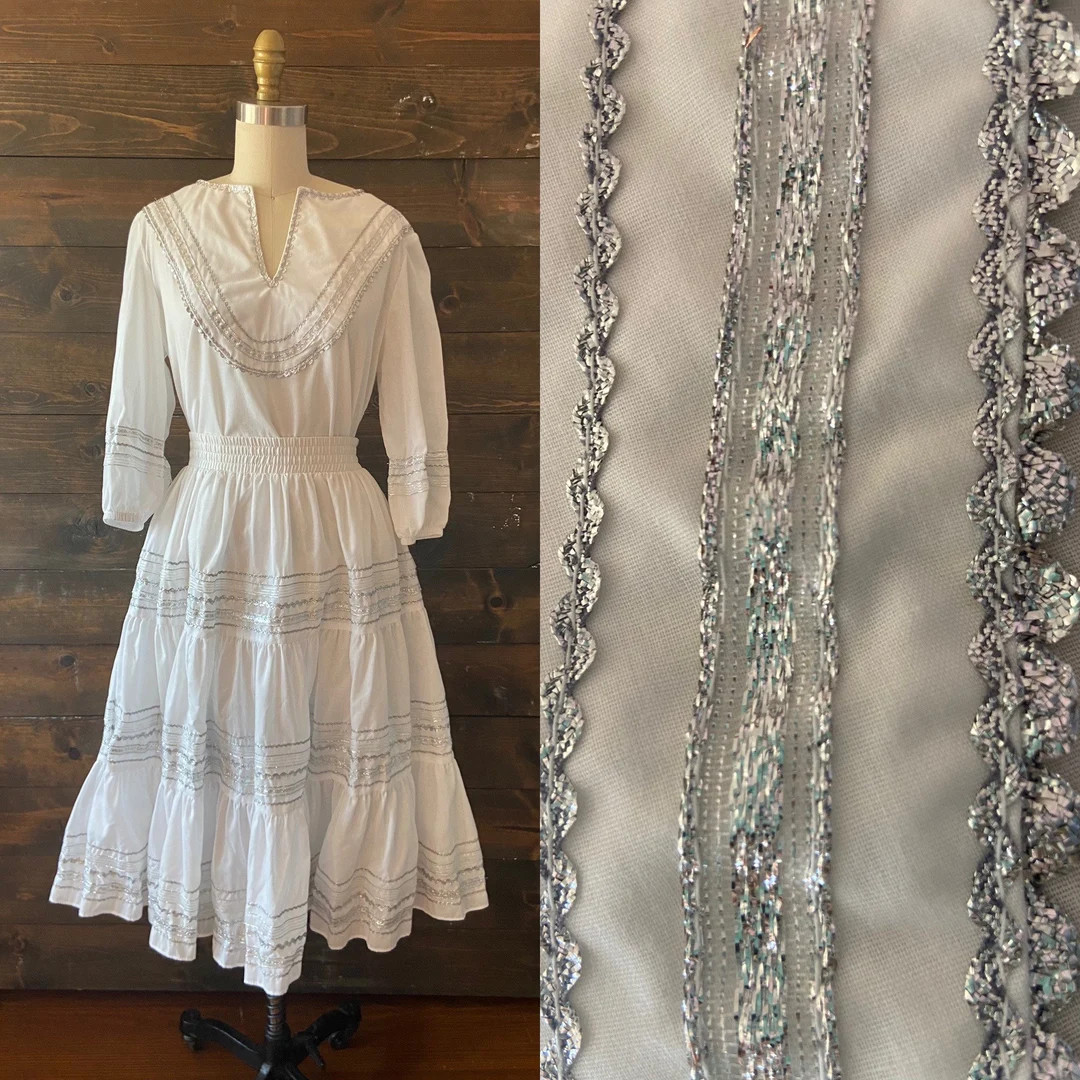 Vintage 80s Patio Dress Set / Ric Rac Trim / White Circle Skirt / Square Dance Outfit flagstaff P... | Etsy (US)