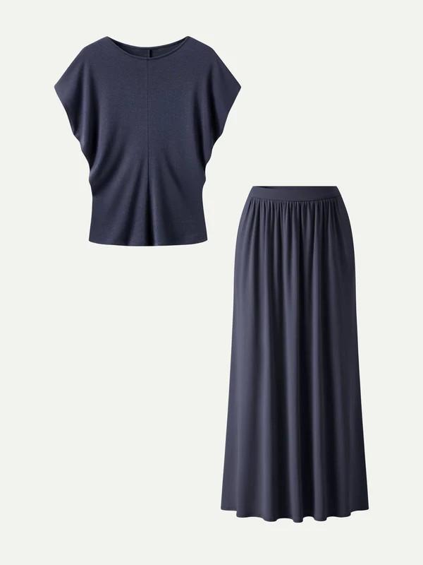 2Pcs Set Round Neck Top & A-Line Maxi Skirt with Pockets | OGLmove