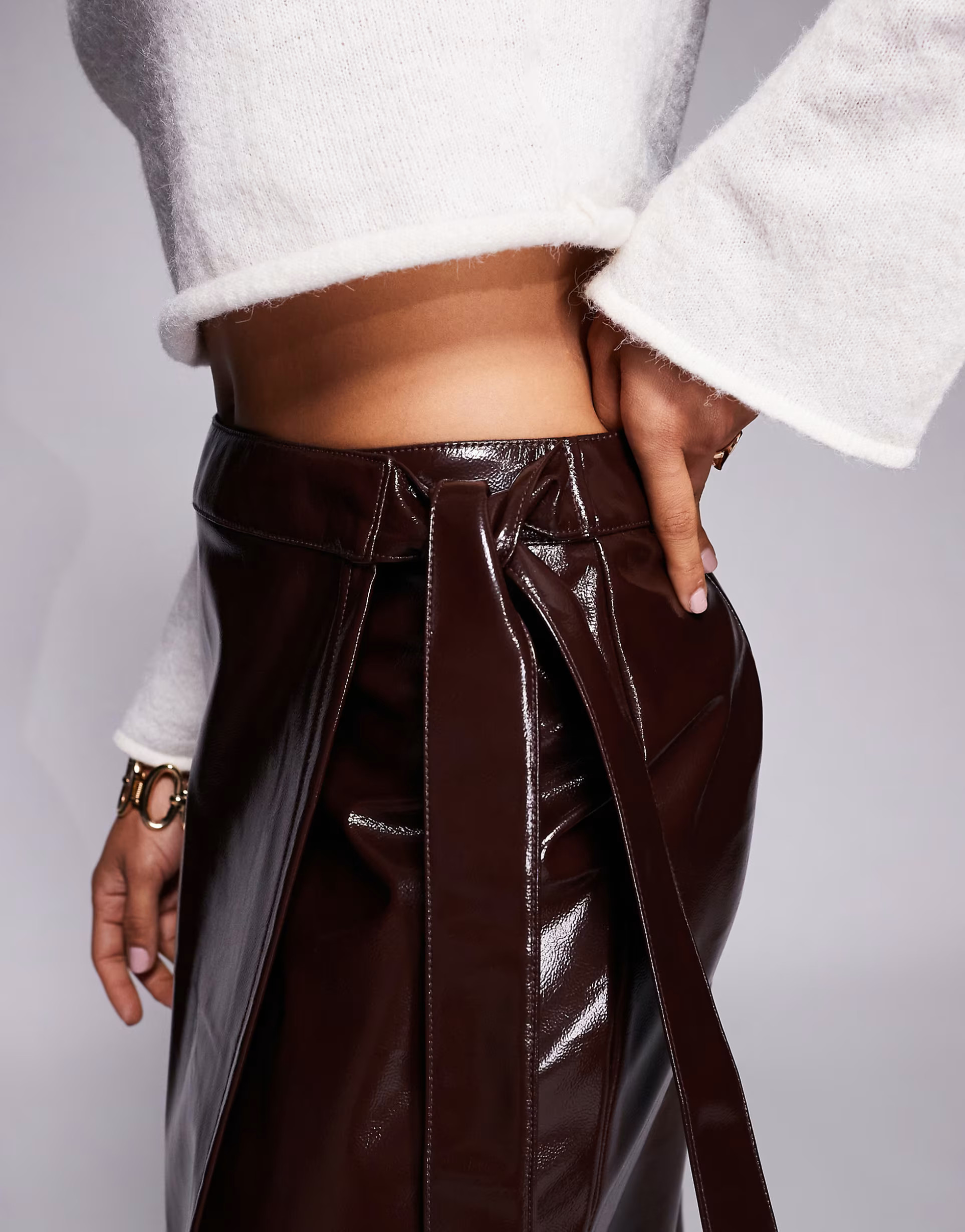 ASOS DESIGN high shine faux leather wrap midi skirt in burgundy | ASOS (Global)
