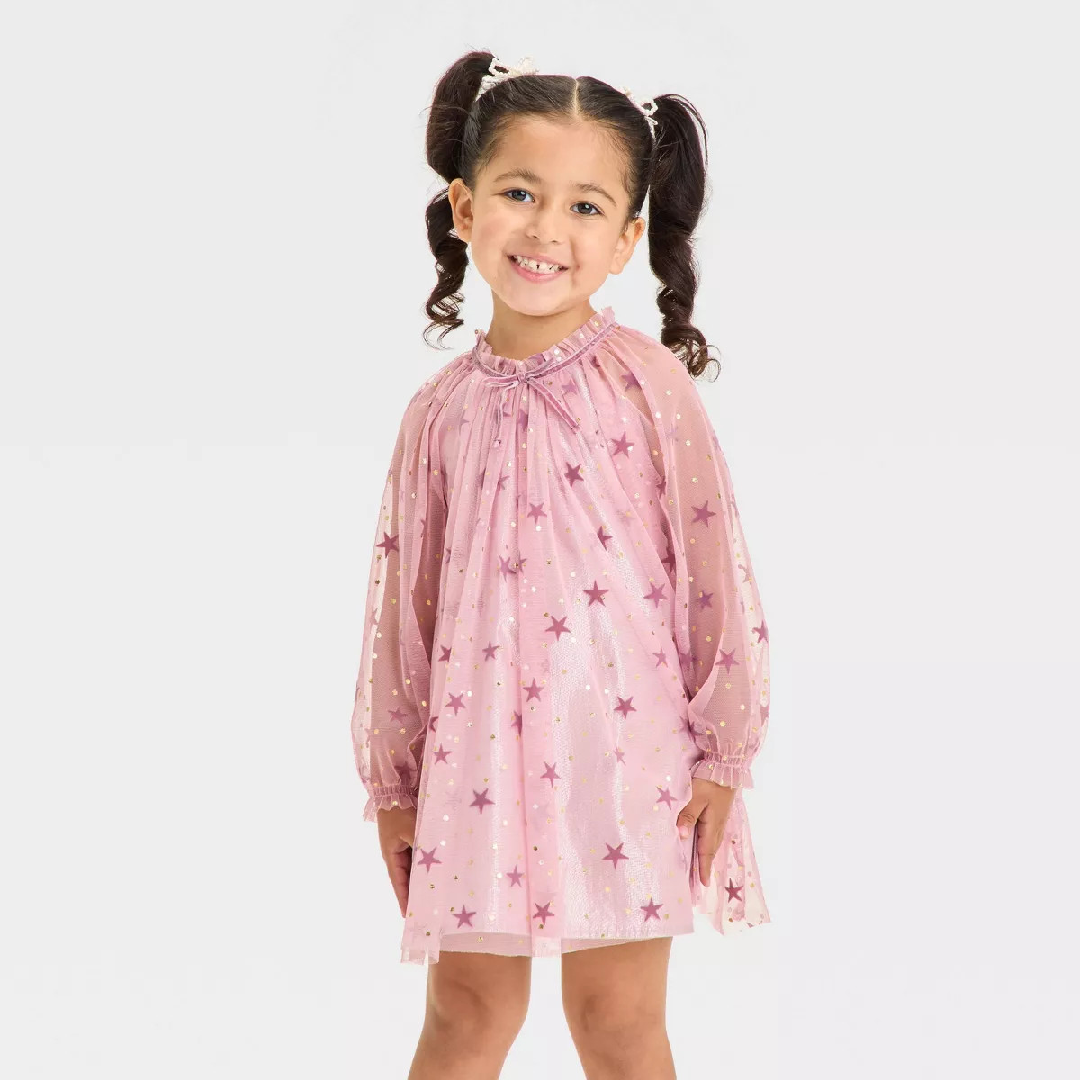 Toddler Girls' Foil Star Tulle Bow Long Sleeve Dress - Cat & Jack™ Pink | Target