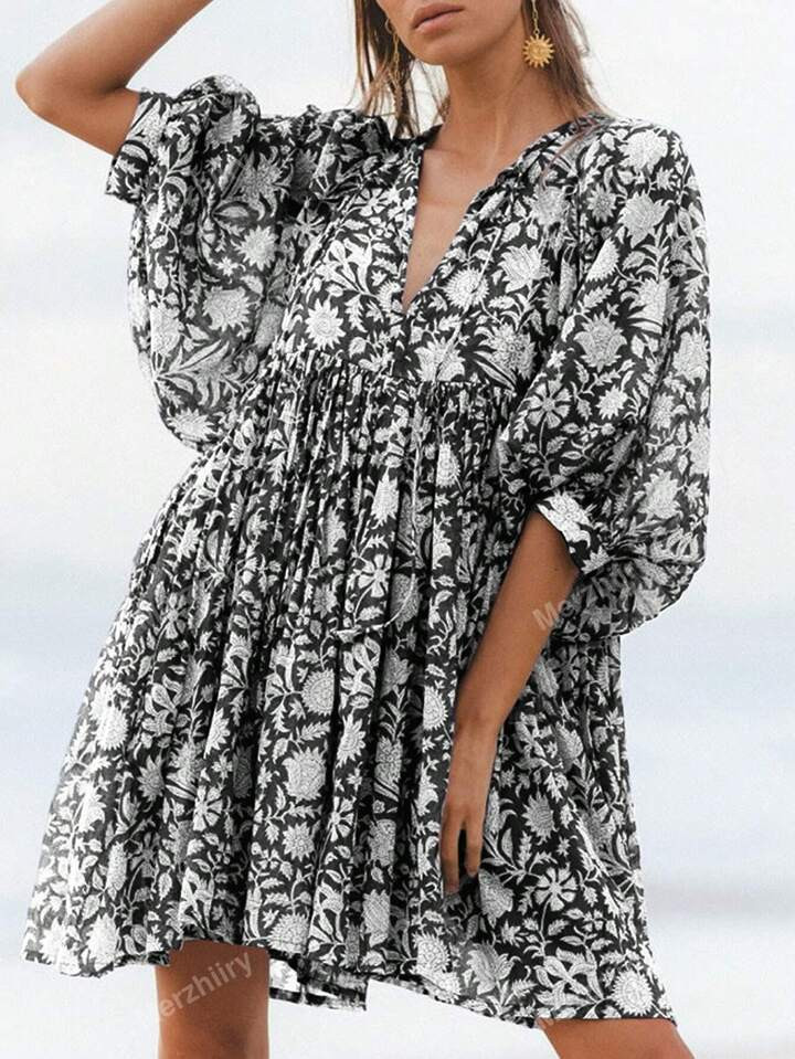 Full Print Knot Collar Lantern Sleeve Casual Everyday Dress | SHEIN USA | SHEIN