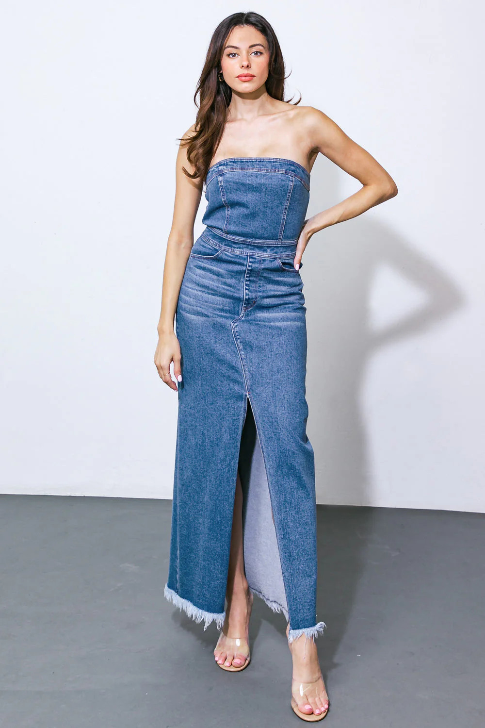 Roux Strapless Washed Denim Midi Dress | Lady Black Tie