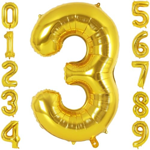 40 Inch Gold Number 3 Foil Balloon for 3th Anniversary Birthday Decor | Amazon (US)