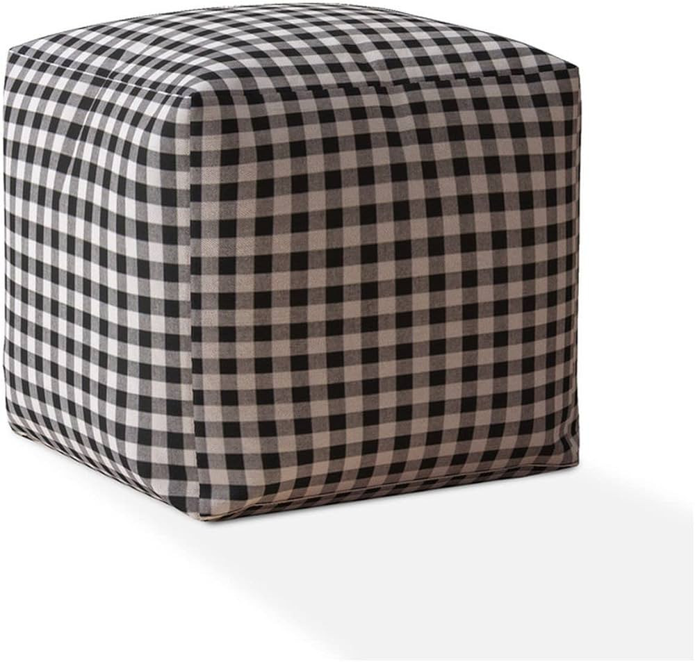 HomeRoots 17" Grey and Black Cotton Gingham Pouf Ottoman | Amazon (US)