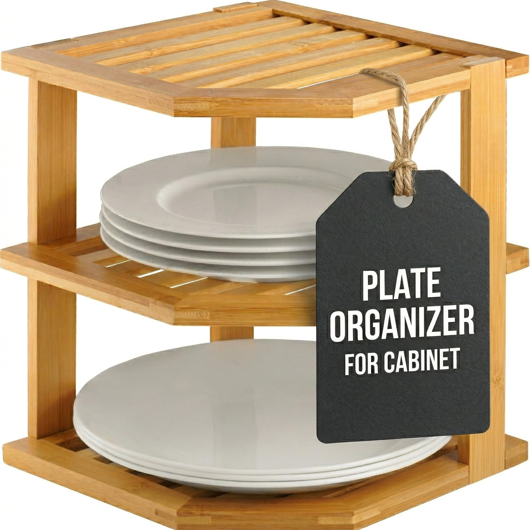 Plate Organizer for Cabinet - 3 Tier Bamboo Corner Shelf Cabinet Organizer for Plates, Bowls, Mugs and Pantry Storage, Space Saving Countertop and Cabinet Corner Shelf, 10 x 10 x 9.5 Inch, Bambusi | Amazon (US)