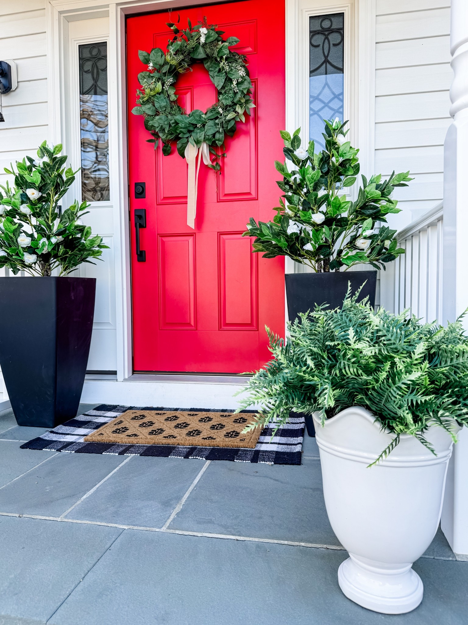 Front porch decor
Tall black planter
Fake fern plant
Artificial fern
Artificial floral tree
No maintenance indoor outdoor faux floral plant
Front porch decor
Spring porch 
Fake outdoor tree 
Floral wreath with ribbon
Threshold designed with studio McGee spring wreath
Front door decor
Front door wreath



#LTKHome #LTKSeasonal #LTKStyleTip