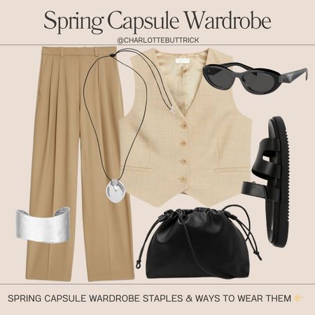 Spring capsule wardrobe outfit ideas - wide leg beige trousers - beige waistcoat - black comfy sandals - silver cuff bracelet - Prada sunglasses 90s

#LTKshoecrush #LTKSeasonal #LTKstyletip