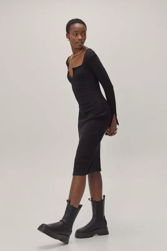Recycled Ribbed V Cut Out Bodycon Midi Dress | Nasty Gal (US)