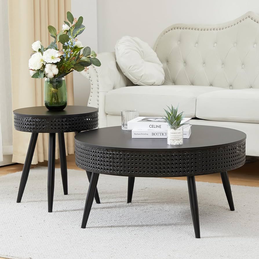 Modern Farmhouse Round End Table Set of 2,Iron Rattan Coffee Table with Hidden Storage Basket,29.... | Amazon (US)