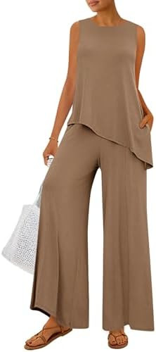 PRETTYGARDEN Women's 2026 Two Piece Matching Lounge Sets Asymmetrical Split Tank Tops Wide Leg Pa... | Amazon (US)