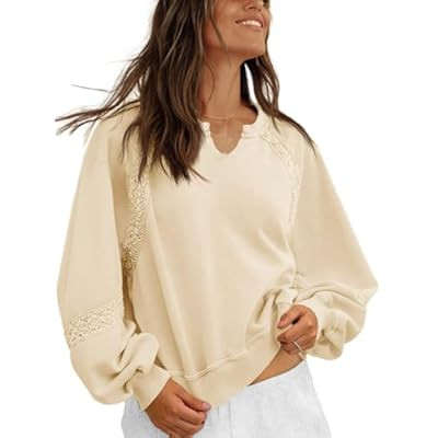 Fisoew Womens Oversized Sweatshirt Casual V Neck Lace Lantern Long Sleeve… | Amazon (US)