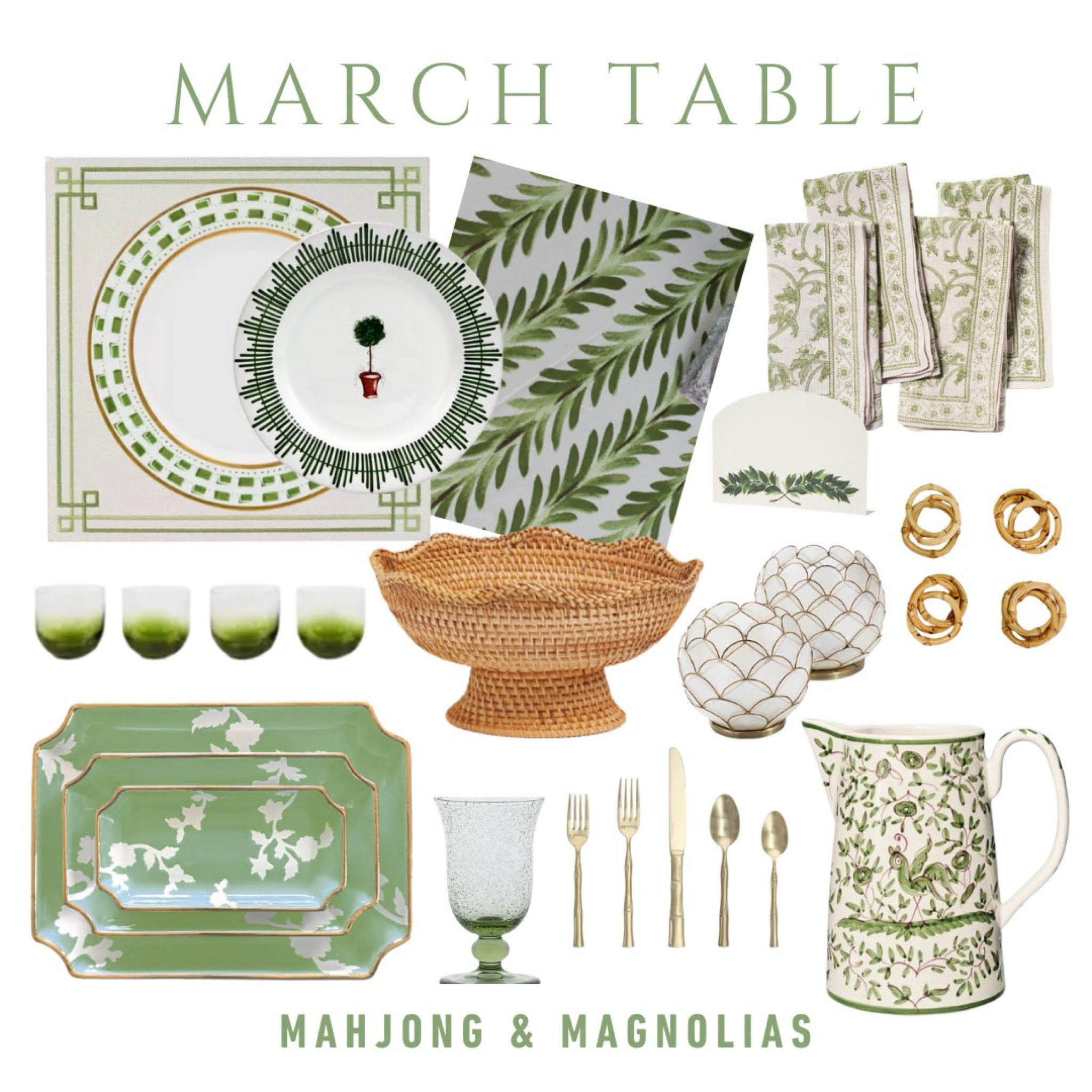 Spring is in the air! Nothing says spring like green and white — and a dash of rattan. Add some fresh flowers and your table is set.

*20% OFF Christina Dickson Home’s tablecloth using promo code MAHJONG

___

Placemat, dinner plate, tablecloth, cloth napkins, place card, napkin rings, fruit bowl, wine glasses, water glasses, trays, flatware, pitcher, candles, green, mahjong, mah jongg, hosting

#LTKover40 #LTKhome