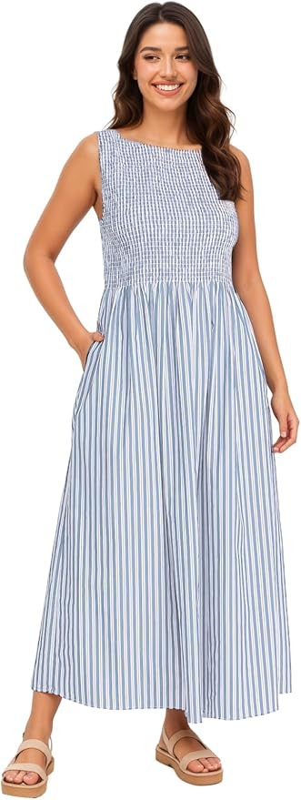 Women Spaghetti Strap Smocked Maxi Dresses Flowy Striped Summer Vacation Dress A-Line Beach Sundr... | Amazon (US)