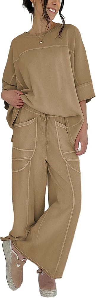 Women 2 Piece Lounge Sets Short Sleeve Sweatshirt Wide Leg Pants 2026 Matching Sweatsuit Casual T... | Amazon (US)