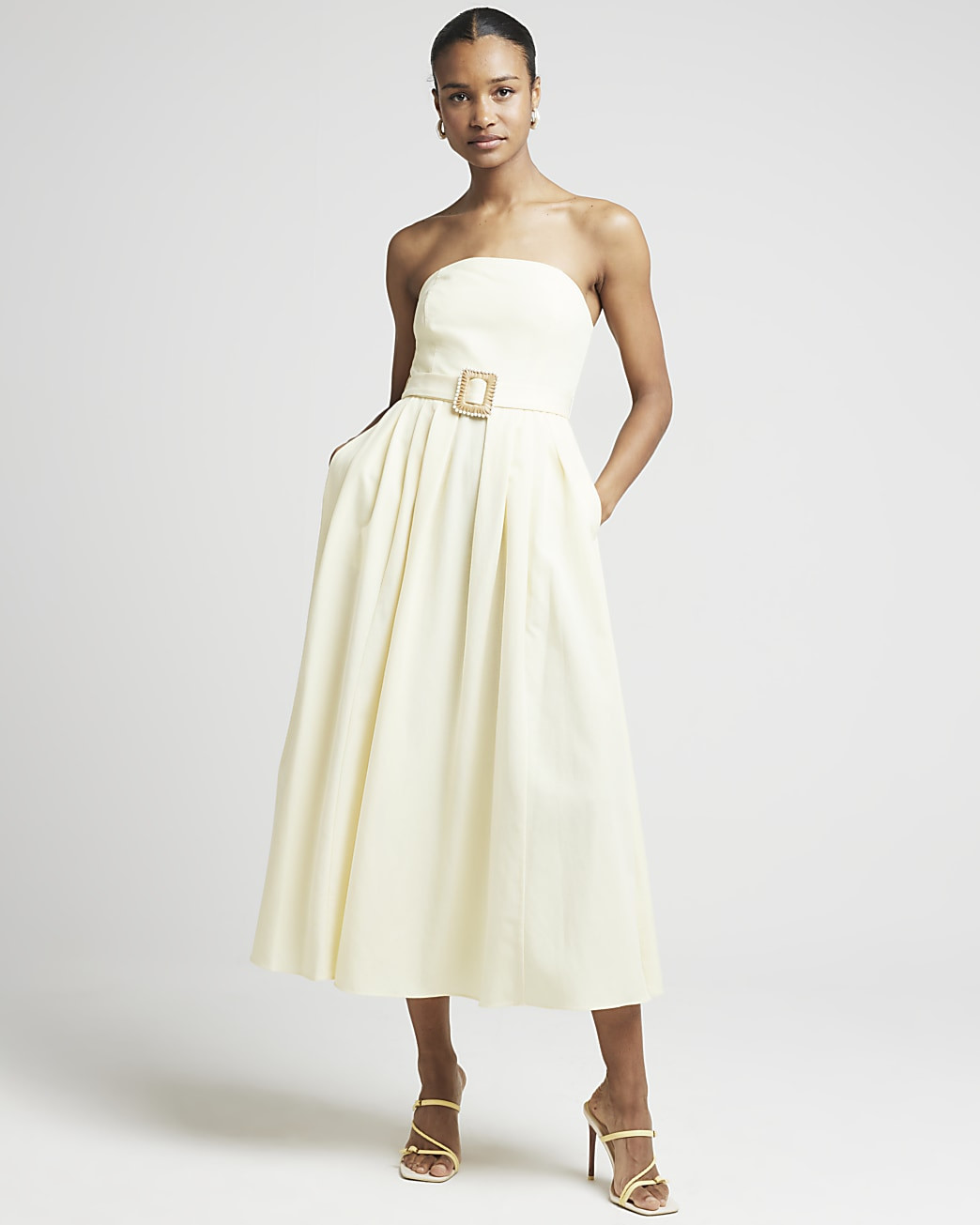 Yellow belted bandeau prom midi dress | River Island (UK & IE)