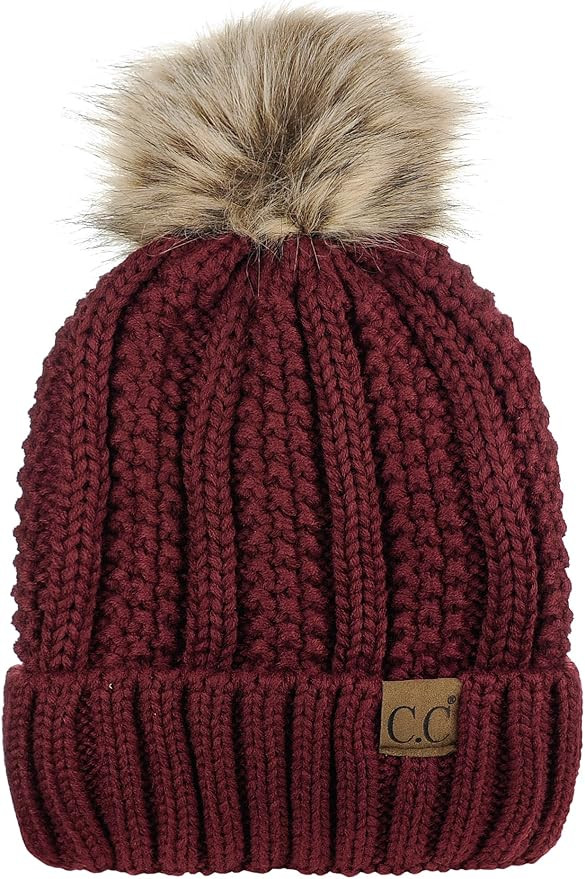 C.C Thick Cable Knit Faux Fuzzy Fur Pom Fleece Lined Skull Cap Cuff Beanie | Amazon (US)