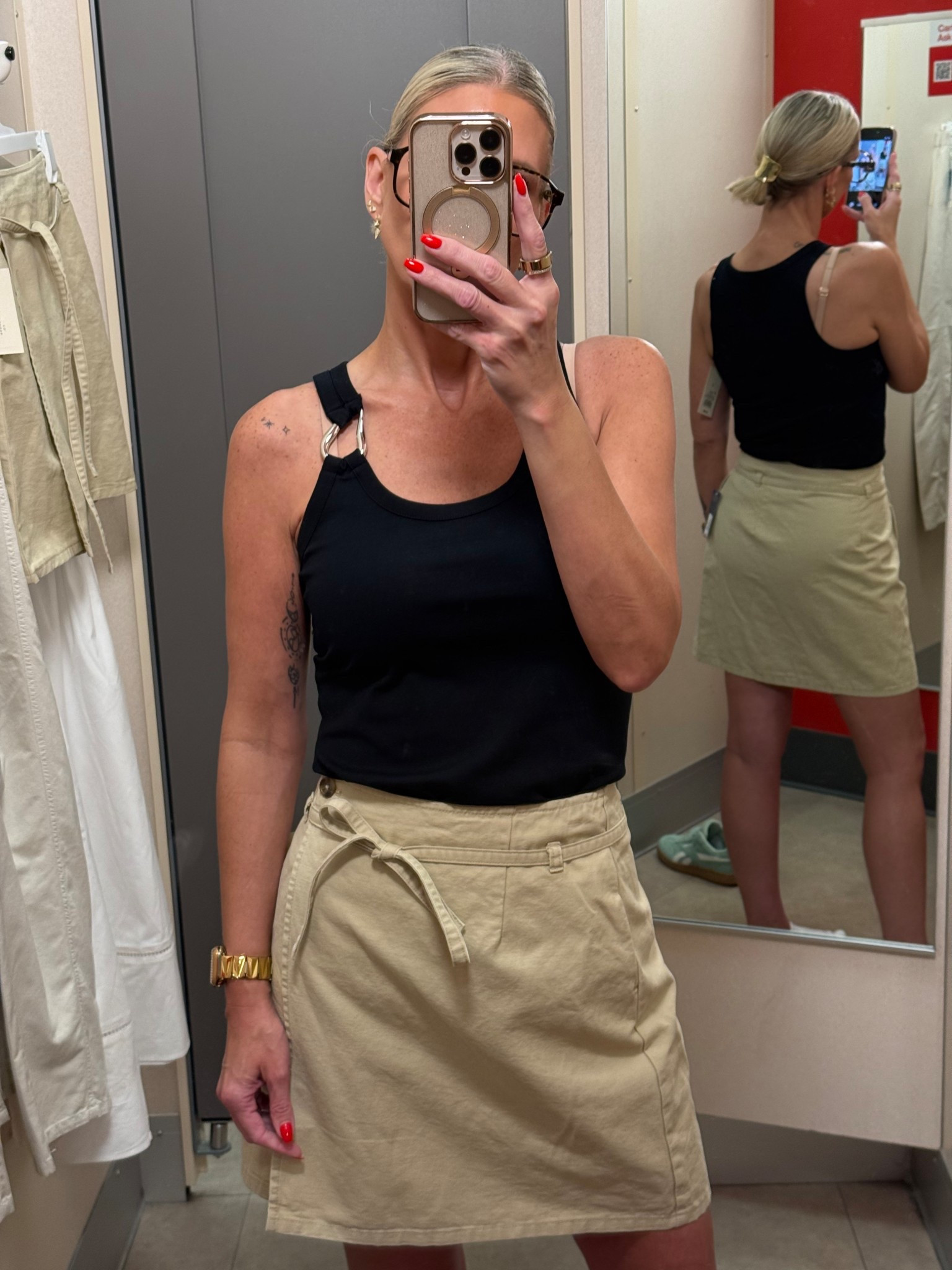 The details on this tank are so good! It’s takes a simple piece and elevates it so well. I grabbed it in small. 
This wrap style chino skirt is so good for spring and summer. You can wear it casually or dress it up. I’m wearing a 4. 

#LTKootd #LTKOver40
