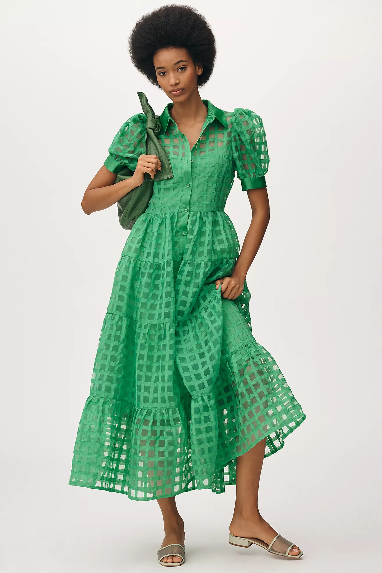 English Factory Organza Short-Sleeve Button-Front Midi Dress | Anthropologie (US)