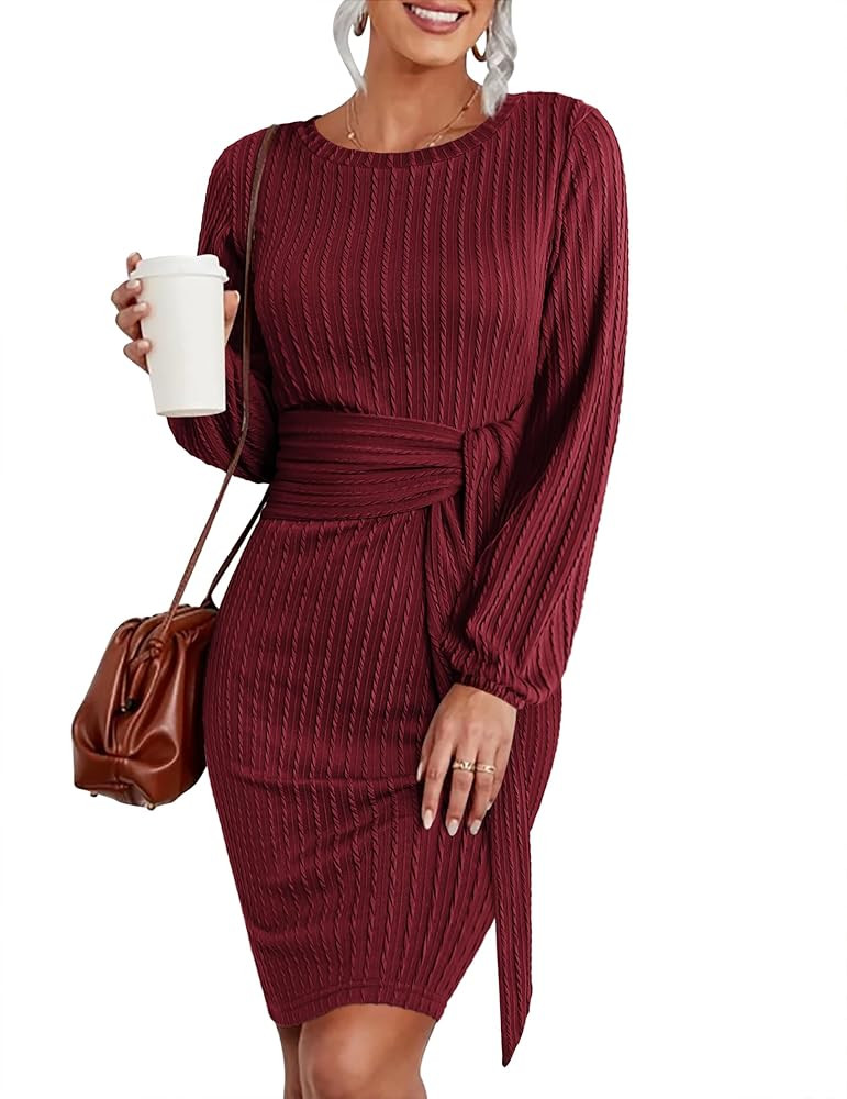 Zeagoo Women's Casual Knit Dress Fall Long Sleeve Bodycon Dress Crewneck Tie Waist Rib Knitted Sw... | Amazon (US)