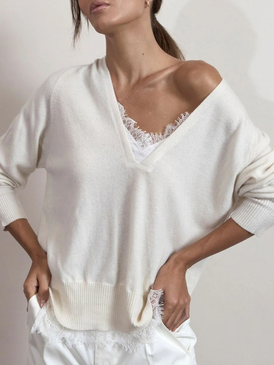 Brochu Walker Women's Lace V-neck Layered Sweater in White | Brochu Walker