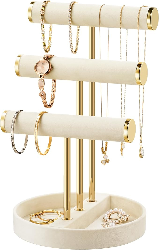 Bracelet Holder Jewelry Organizer Display - 3 Tier T Bar Velvet Stand, Beige Necklace Holder Orga... | Amazon (US)