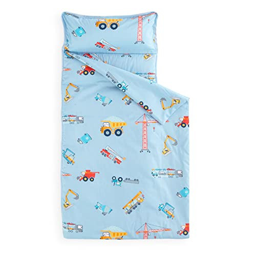 Wake In Cloud - Toddler Nap Mat with Pillow and Blanket, 100% Cotton Fabric, for Kids Boys Ages 3 Plus in Daycare Kindergarten Preschool, Cars Cranes Trucks, Blue, Standard | Amazon (US)