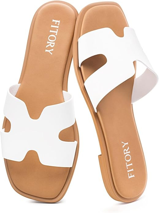 FITORY Women's Slide Sandals, Flat Fashion Square Open Toe with Cushion Slippers for Summer Beach... | Amazon (US)