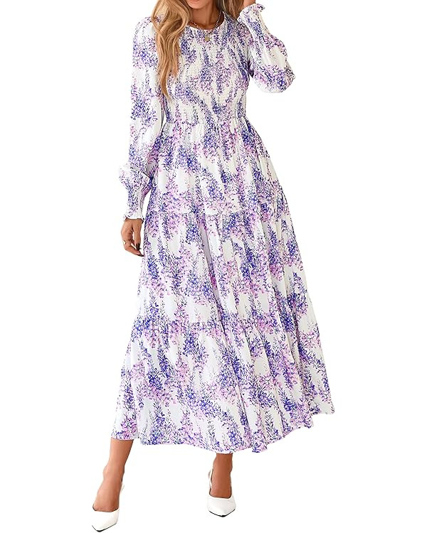 dowerme Maxi Dresses for Women 2025 Long Sleeve Floral Smocked A Line Polka Dot Flowy Boho Vacati... | Amazon (US)