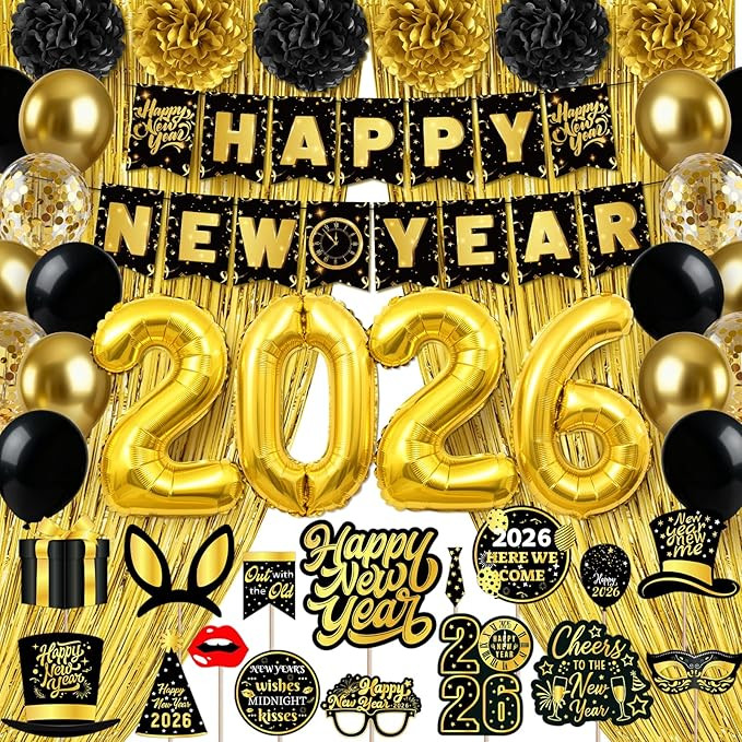 New Year Decorations 2026, Black Gold New Years Eve Party Supplies 2026 with Happy New Year Banne... | Amazon (US)