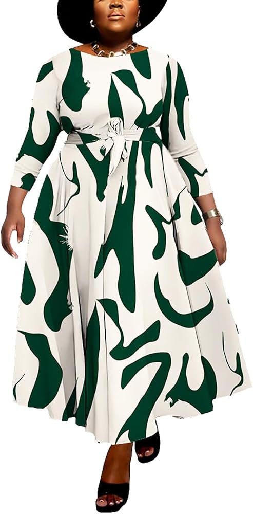 Hostoyo Women Plus Size Formal A Line Maxi Dress Self Tie Waist with Pockets Elegant Round Neck S... | Amazon (US)