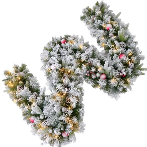 9FT Artificial Christmas Snow Garland with 50 Clear Lights, Pulg in, Pine Cone, Red Berry, String Light for Outdoor Indoor, Home Decoration Mantle Stairs Railing Fireplace Door | Amazon (US)