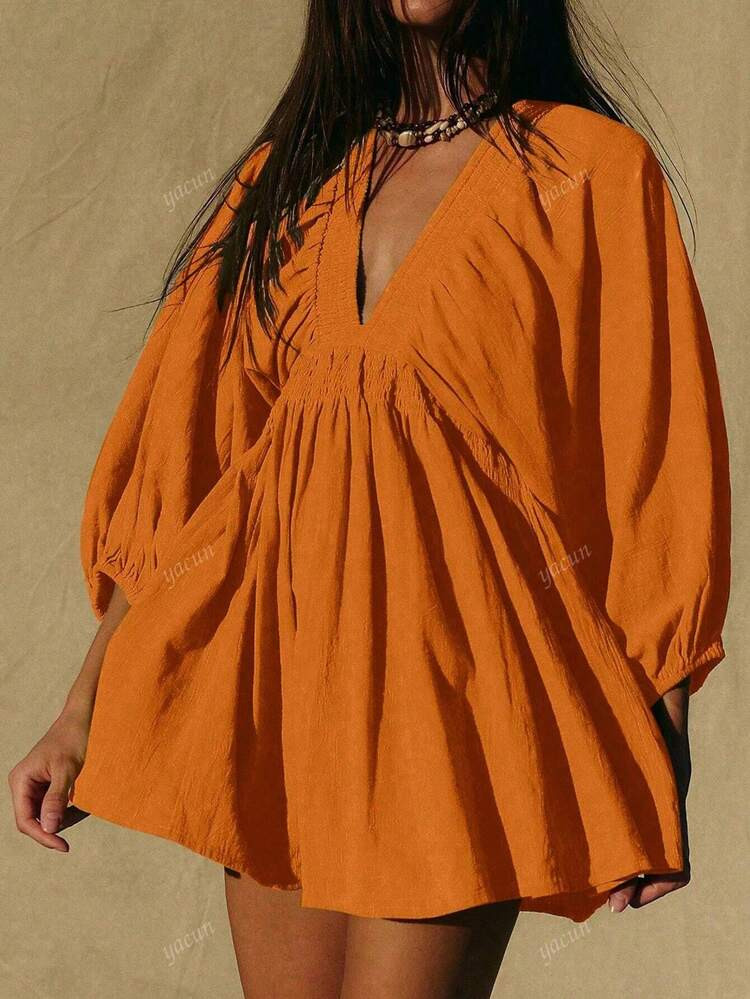 Elegant Fashion Sexy Deep V-Neck Puff Sleeve Casual Mini Dress, Vacation Boho & Tropical Sundress For Women, Spring/Summer | SHEIN