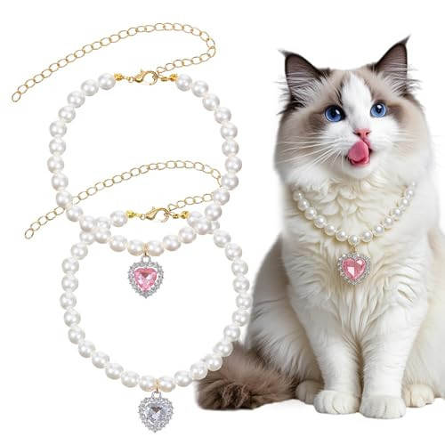 BOHUIZ 2pcs Dog Cat Pearl Collar Necklace, Fancy Adjustable Dog Pearl Necklace Collar with Small Heart Shape Rhinestone Accessories for Cat Puppy Dogs (Pink+White) | Amazon (US)