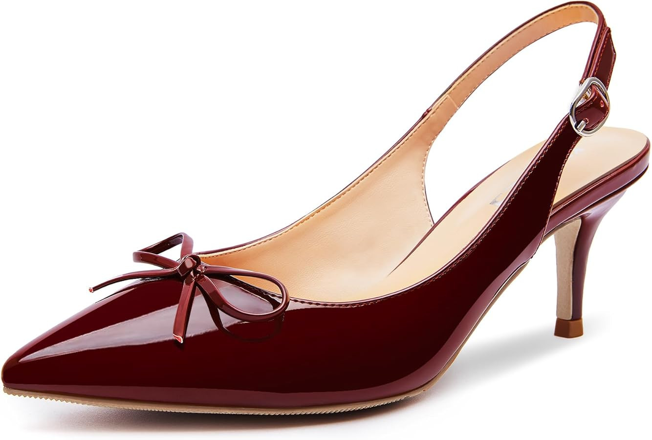 Kitten Heels for Women Pointed Toe Slingback Pumps with Bow Comfortable Low Heel Wedding Dress Sh... | Amazon (US)