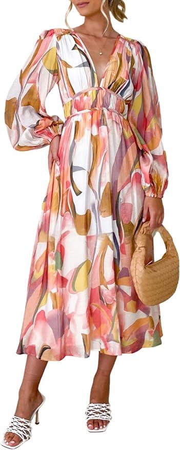 Costaric Women's Boho Floral Midi Dress Beach Flowy Dresses V Neck Puff Sleeve A Line Long Dress ... | Amazon (US)