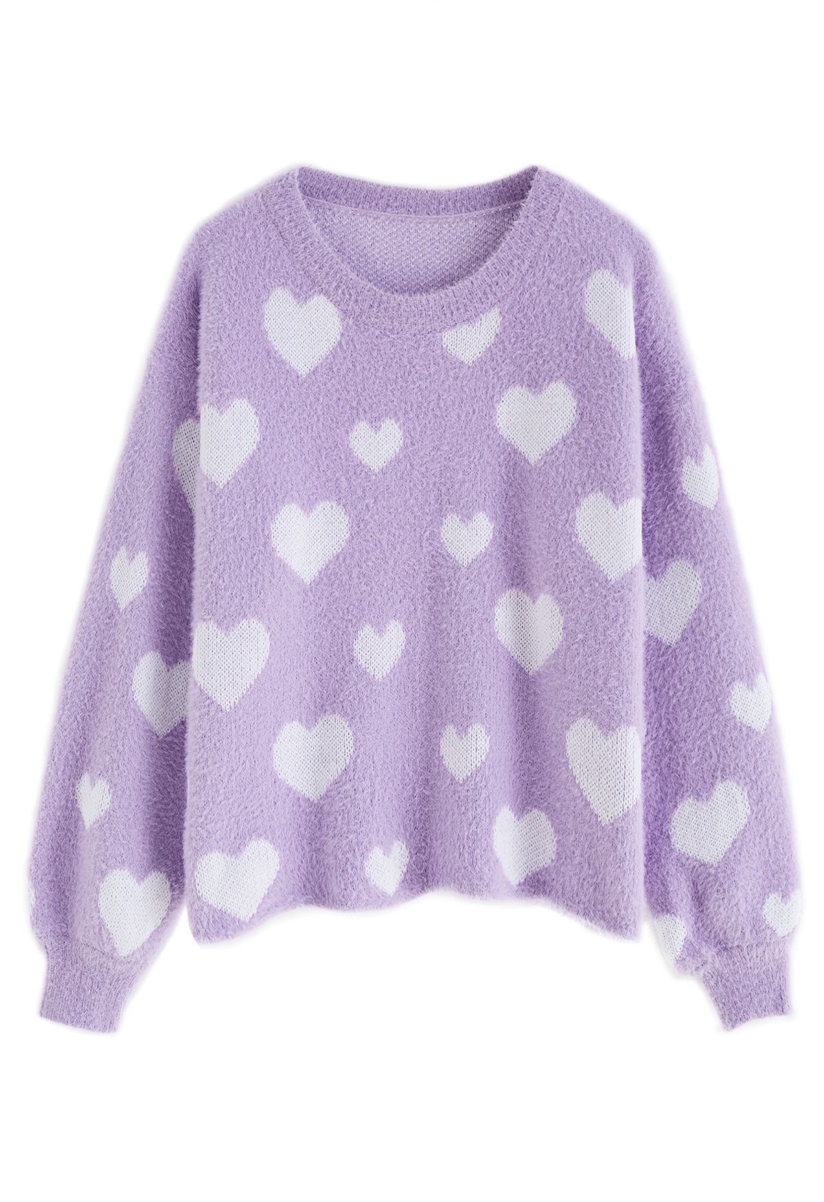 Fuzzy Contrast Heart Knit Sweater in Purple | Chicwish
