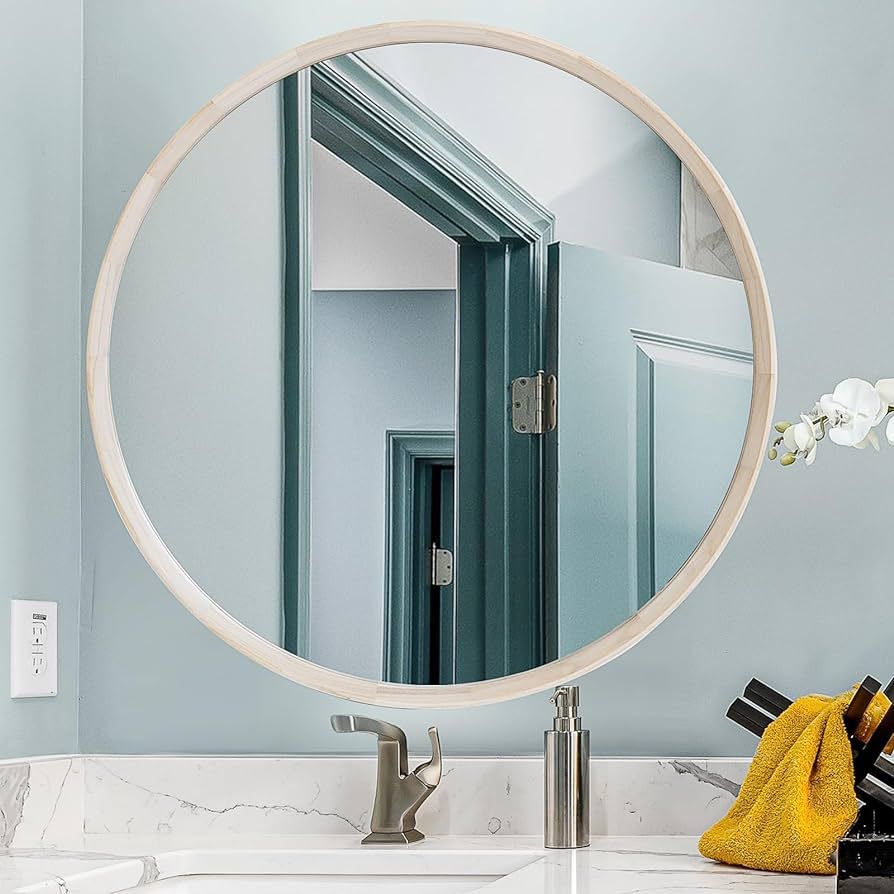 30 Inch Round Mirror, Natural Wood Mirror, Wall Circle Mirrors, Large Wood Frame Mirror, Round Mi... | Amazon (US)